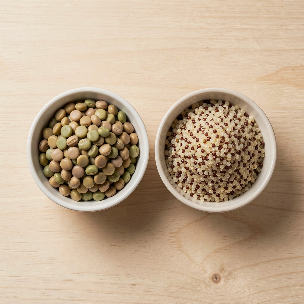 Linsen und Quinoa in kleinen Schälchen nebeneinander auf hellem Holztisch, Draufsicht